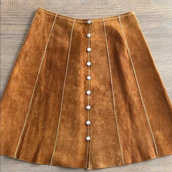 Vintage Chestnut Brown Suede Snap Front A-Line Skirt - Picture 1 of 12